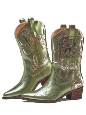 Metallic Olive Y'all Embroidered Western Heeled Boots - Women